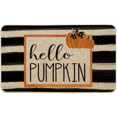 Watercolor Stripes Hello Pumpkin Decorative Doormat, Seasonal Fall Harvest Vintage Thanksgiving Low-Profile Floor Mat Switch Mat For Indoor Outdoor 17 X 29 Inch