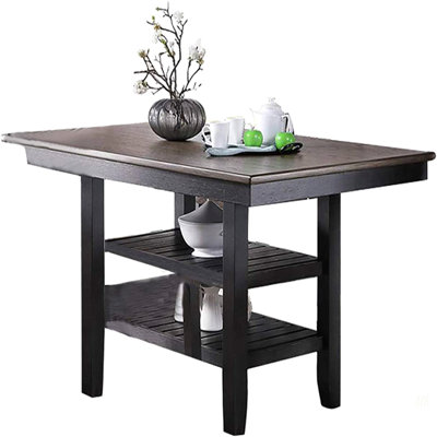 1Pc Cunter Height Dining Table Dark Coffee Finish Kitchen Breakfast Dining Room Furniture Table W 2X Storage Shelve Rubber Wood