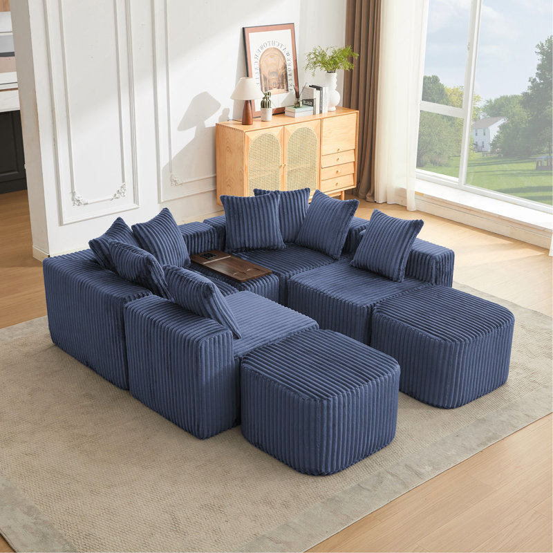 Canapé en U de 137,5 po, charge USB et sans fil, table basse avec porte-gobelet, canapé modulaire surdimensionné et mobile, repose-pieds mobile, sans assemblage, 6 sièges, velours côtelé, bleu