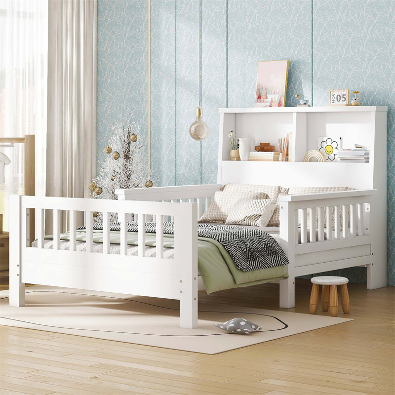 Lit plateforme simple avec tête de lit escamotable, conception escamotable, rails de sécurité de haute qualité, blanc, Blanc