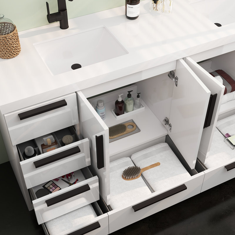 Carla Freestanding Bathroom Vanity with Double Sink, Gloss White, 71"