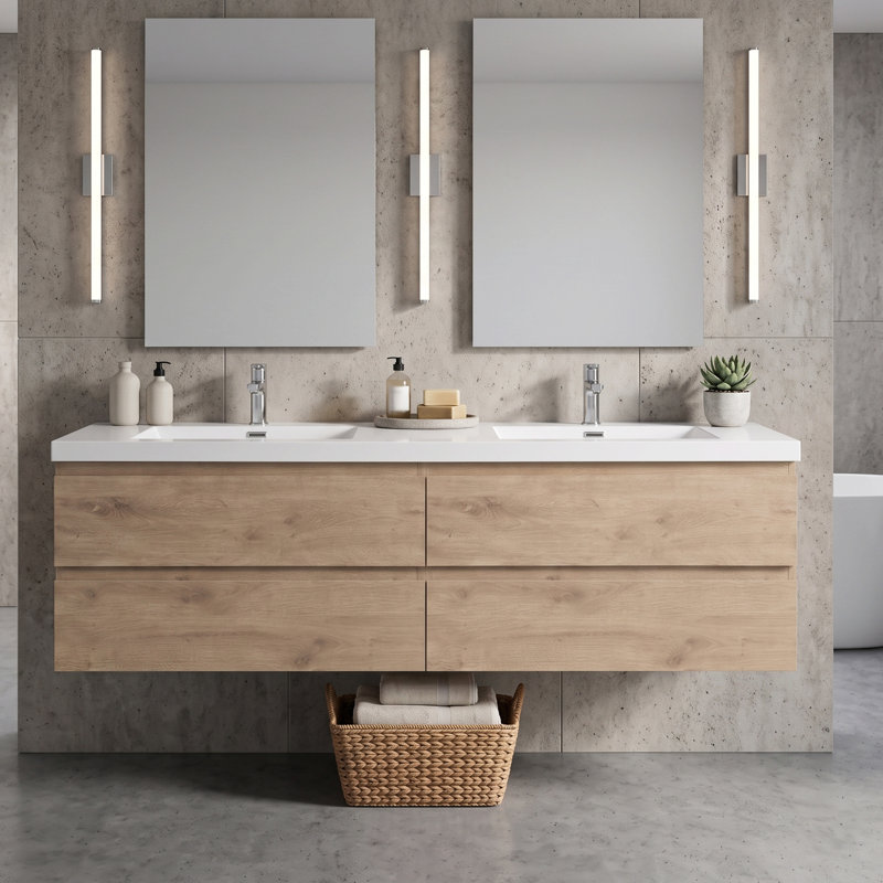 Meuble-lavabo mural en mélamine de bois naturel de 72 po, résistant à l'usure et aux égratignures, surface non poreuse et facile à nettoyer, préassemblé.