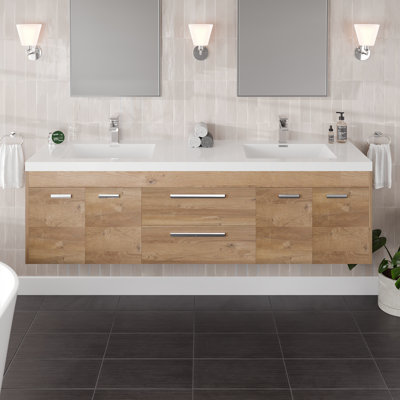 Meuble-lavabo mural double avec plan de travail en acrylique et lavabo intégré en acrylique l 72 po x P 20 po Wauconda