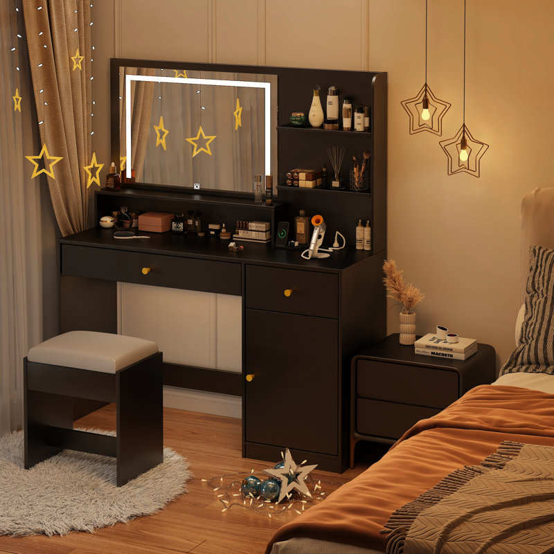 Ensemble de coiffeuse avec lumières DEL, tabouret et station de charge rapide, Noir, noir, noir, noir