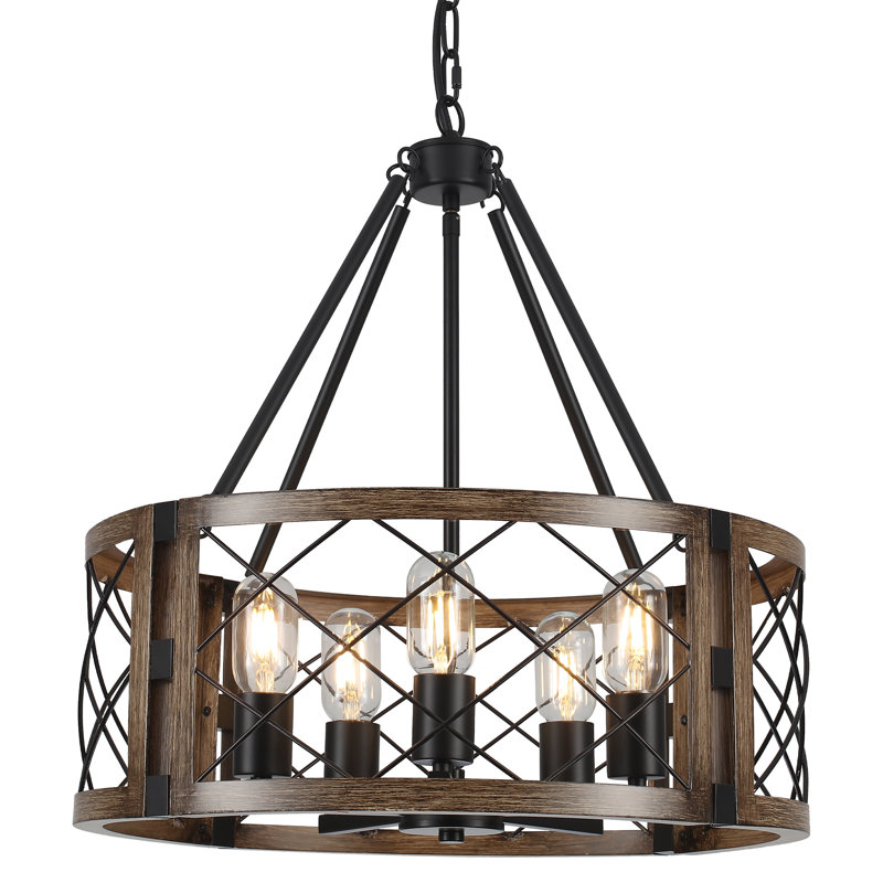 Lustre tambour 5 lumières à intensité variable Napeague, Noir / imitation grain de bois