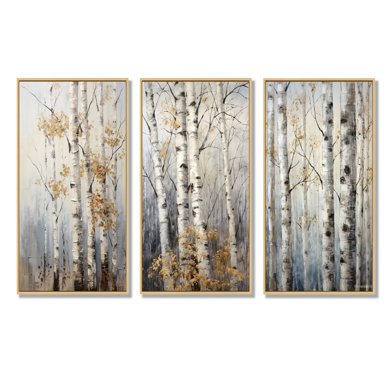 Silver Tree Birchs Breath - ensemble de salon art mural 3 bouleaux, Cadre flottant brun, H 40 po x l 60 po