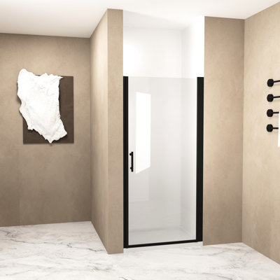 Porte de douche pivotante de 72 po de hauteur avec verre trempé de 1/4 po de 6 mm, cadre en aluminium noir mat, poignée en acier inoxydable, porte battante, peu encombrante, style américain, bande de blocage de l'eau surélevée, film pour