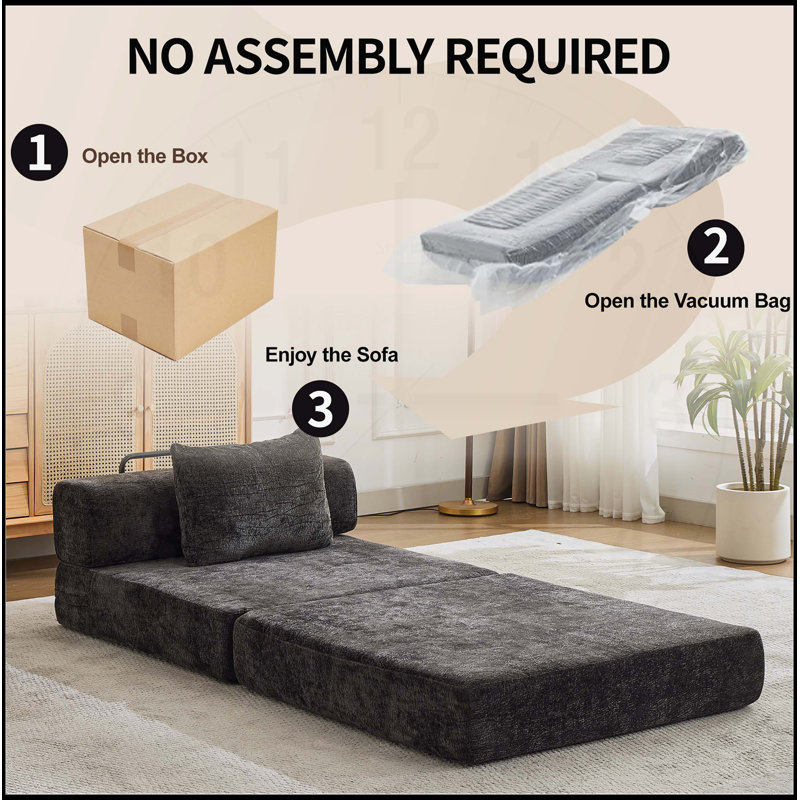 Canapé-lit convertible au sol avec structure de forme fixe, aucun assemblage requis, tissu chenille pour le salon et la chambre à coucher