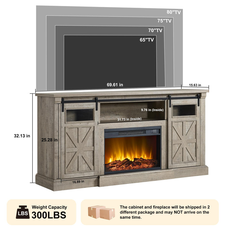 Farmhouse Fireplace TV Stand – 32’’ Tall LED Entertainment Center, Fits 80 Inch Tvs, With Electric Fireplace & Sliding Barn Door/Window,Rustic Gery