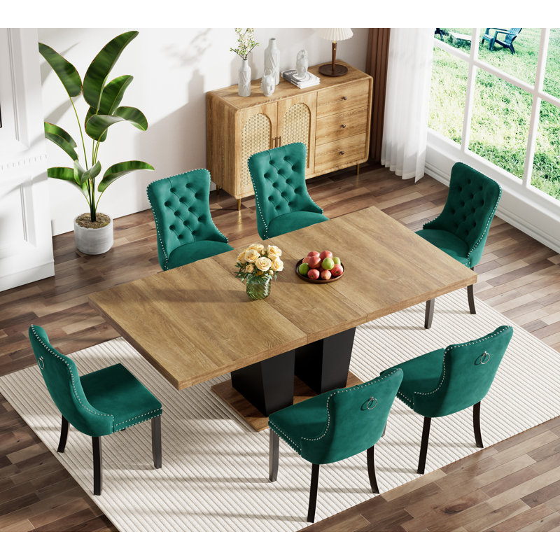62.99" -78.74" Extendable Dining Table Set, Black&Brown Dining Room Table & Velvet Dining Chairs with Wood Leg, Rustic Kitchen Dining Table and Chairs Set, Modern Dining Table Set