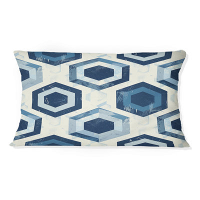 Coussin lombaire Mid-Century à imprimé hexagonal bleu marine I
