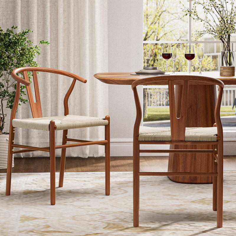 Wishbone Chair Solid Wood Y-Back Dining Chairs, Walnut/Beige