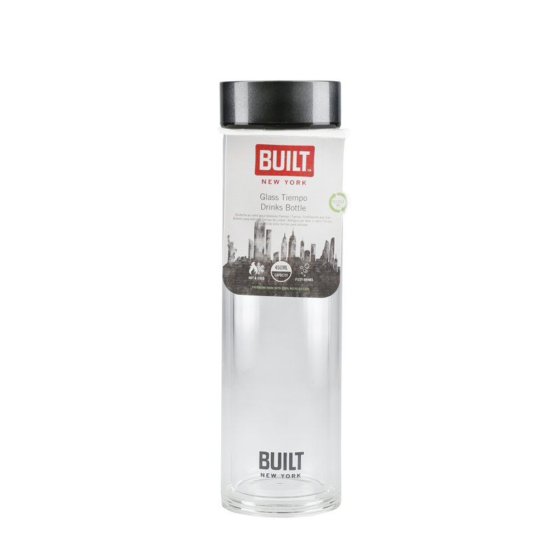 Built Tiempo 18ml Double Wall Insulated Glass Water Bottle, Black/Clear