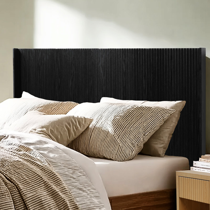 64.4" Wide Black Oak Wood Headboard For Queen - Sized Sleeping Area, Modern Wall Mounted Fluted Wingback Design Roadmap, Elegant Real Makeup, Contemporary 3d Formed Outlook, And Quick Assembly Work
