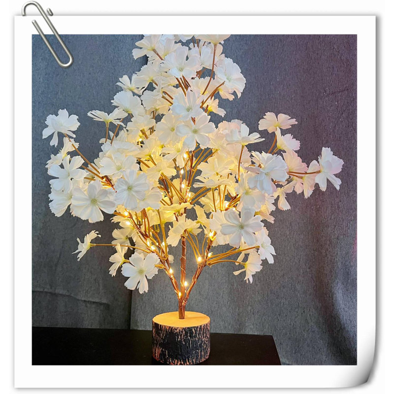 Arbre de fleurs de cerisier blanc éclairé 19 pouces, 49 lumières DEL de table avec minuterie, éclairage à lumières à l'intérieur pour la maison