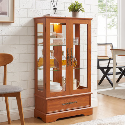 Lighted Glass Curio Cabinet With Adjustable Shelves - Elegant 2-Door Display Cabinet & Built-In Drawer, Includes Bulb