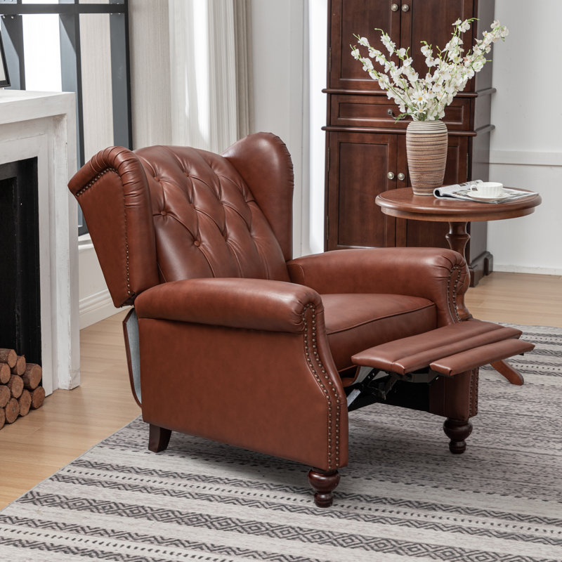 Almantas 31" Wide Genuine Leather Wing Chair Recliner, Brown Genuine Leather