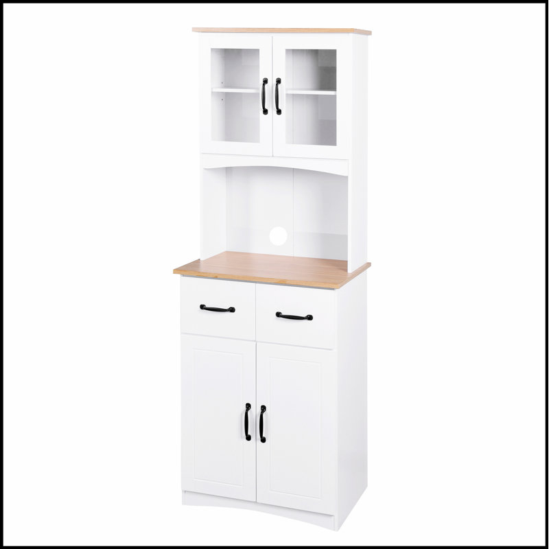 Versatile Wooden Kitchen Cabinet with White Finish, Multi-Tier Shelving, and Central Drawer for Organized Storage