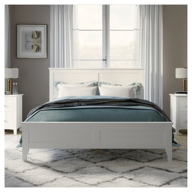 Structure de lit double moderne en bois massif blanc avec tête de lit améliorée, support de lattes robuste et aucun sommier tapissier requis
