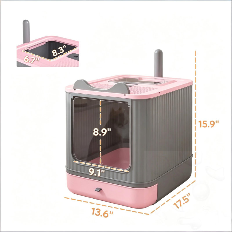 Bac à litière fermé avec plateau coulissant, Noir, gris et rose