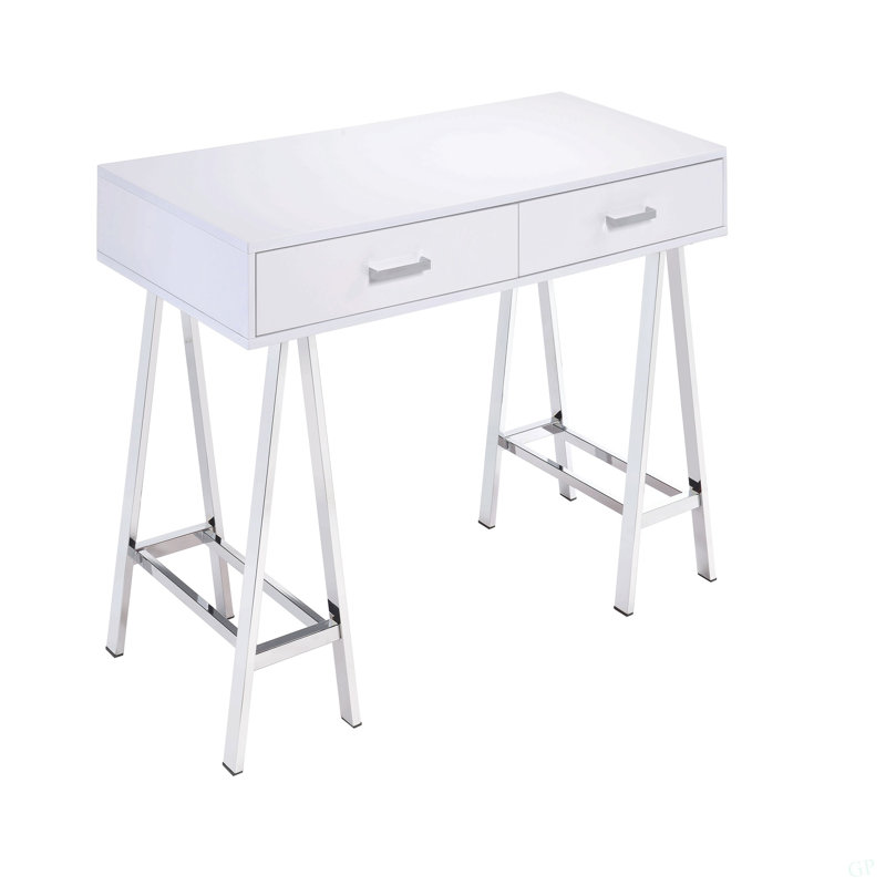 Bureau d'écriture blanc brillant et chrome avec port USB, Blanc / argenté