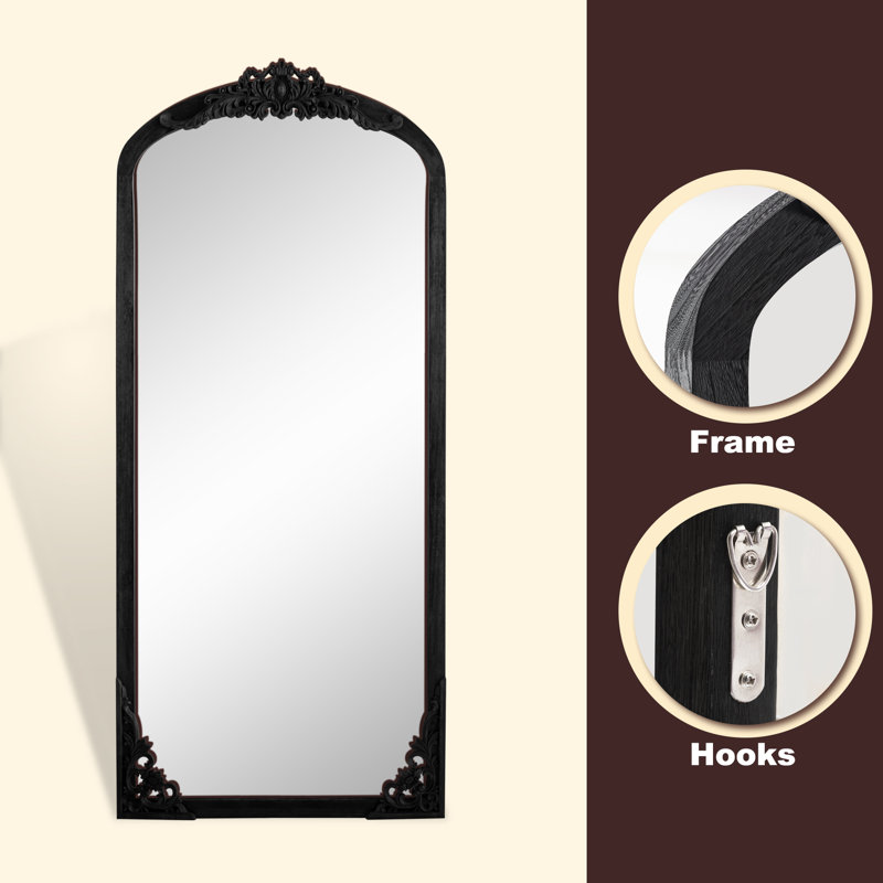 Anjulie Arch Solid Wood Mirror Ornate Mirror Wall Mirror Retro Mirror with Carved Frame, 69" x 30", Black