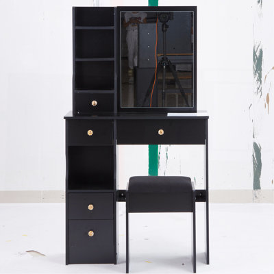 Petit meuble-lavabo de 29,2 po avec tabouret de bureau et tabouret rembourré, très grand miroir coulissant à droite, rangement multi-couches à grande capacité, commode pratique et pratique, convient aux petits espaces