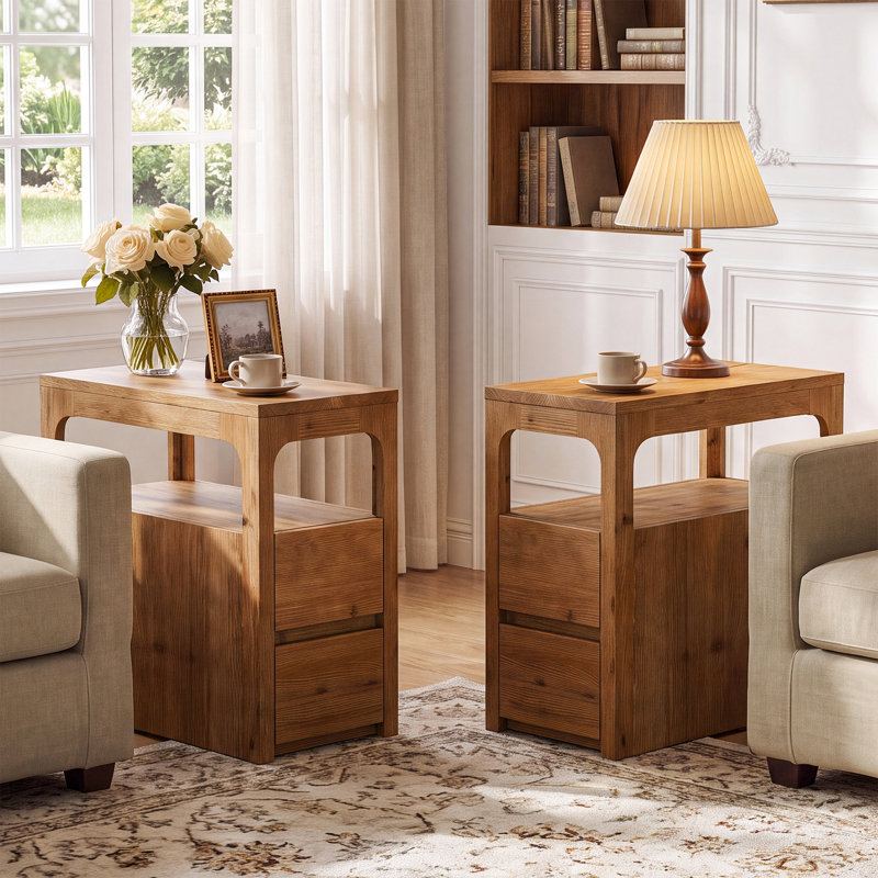 Table de bout étroite en bois massif avec 2 tiroirs et une tablette ouverte, 2