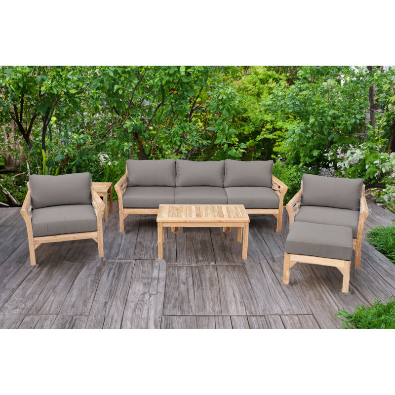 Monterey Outdoor Teak Conversation Set, 5 Pcs:  Sofa,Chair,Cushion,Table,Ottoman, Taupe