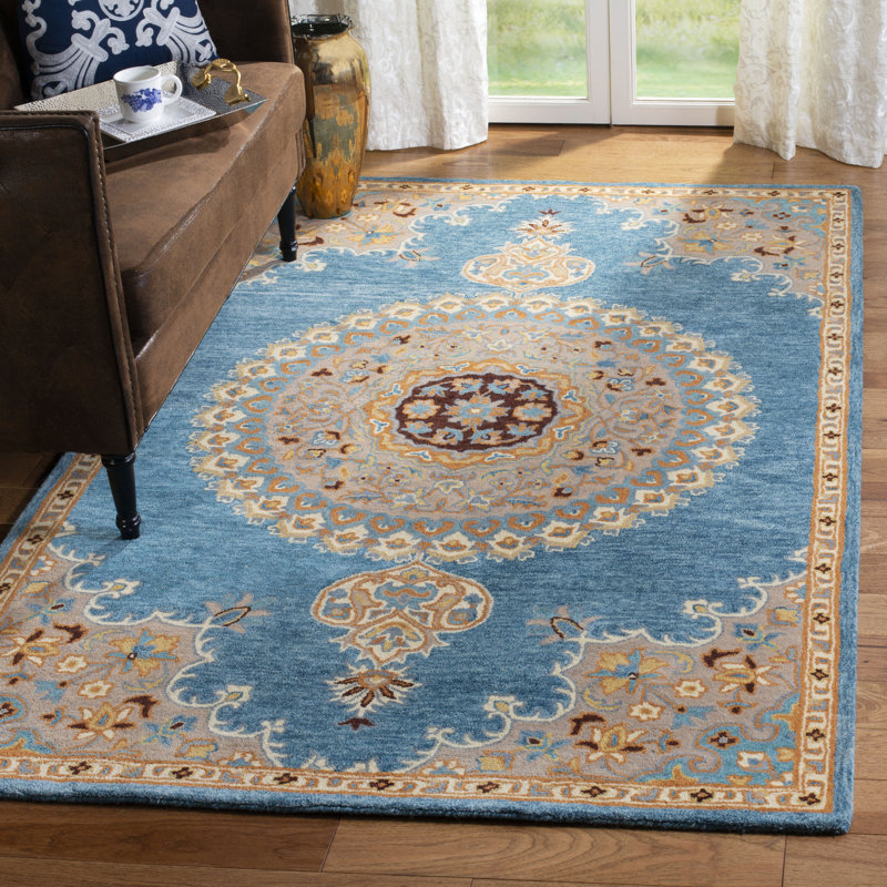 Clavene Hand Tufted Wool/Cotton Oriental Rug in Yellow/Blue, Rectangle 8' x 10'