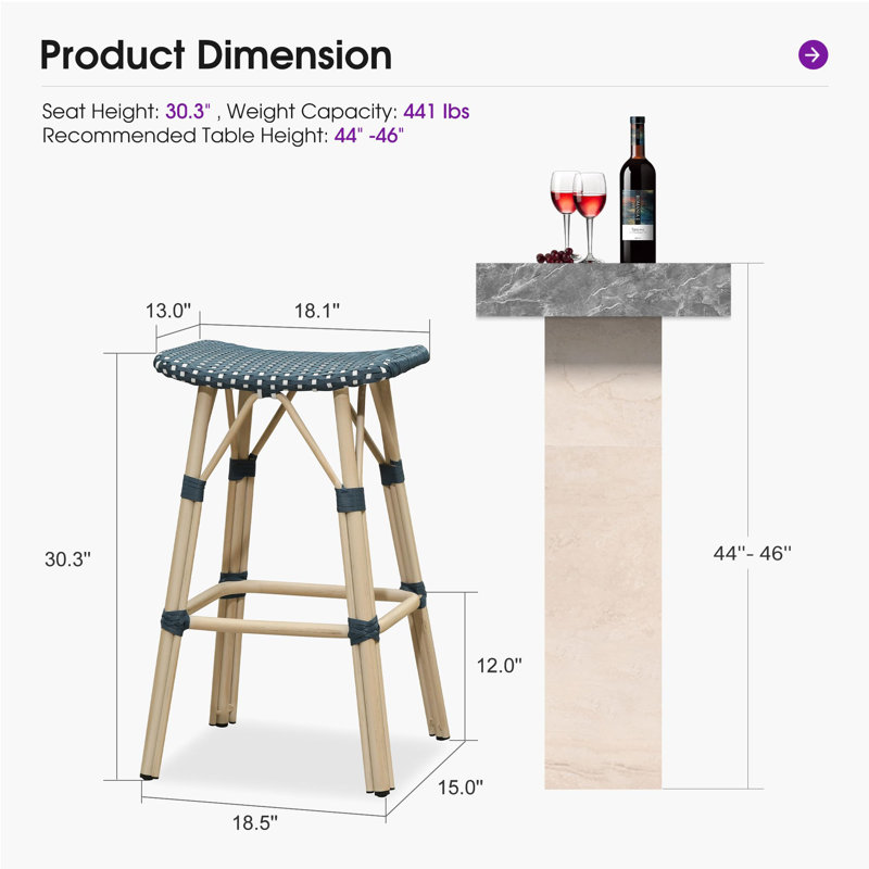 2 tabourets de bar en aluminium avec dossier en selle et siège repose-pieds PURPLE LEAF, Marine