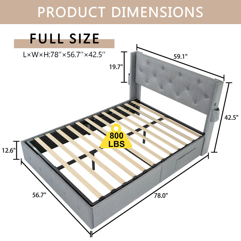 Lit plateforme avec rangement relevable avec tête de lit Winback et station de charge, Gris clair, Full