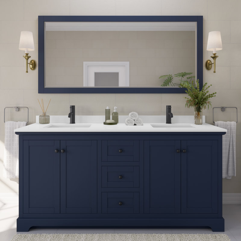 Avery Double Bathroom Vanity with Quartz Top, White Quartz, Matte Black, Dark Blue 1