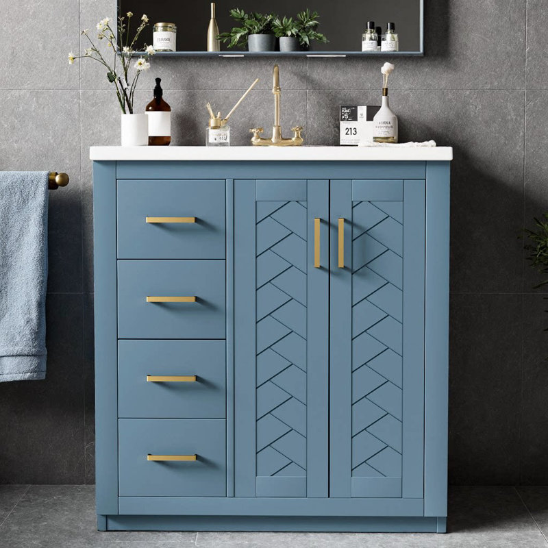 Meuble-lavabo autoportant avec poignées en métal pour salle de bain 30 po avec lavabo en céramique - structure en bois massif, 3 tiroirs à fermeture en douceur et 2 portes à fermeture en douceur