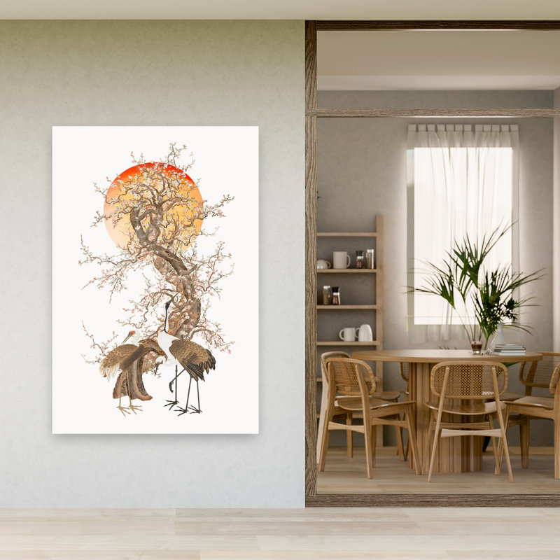 Fleurs de prune et grues, H 60 po x l 40 po