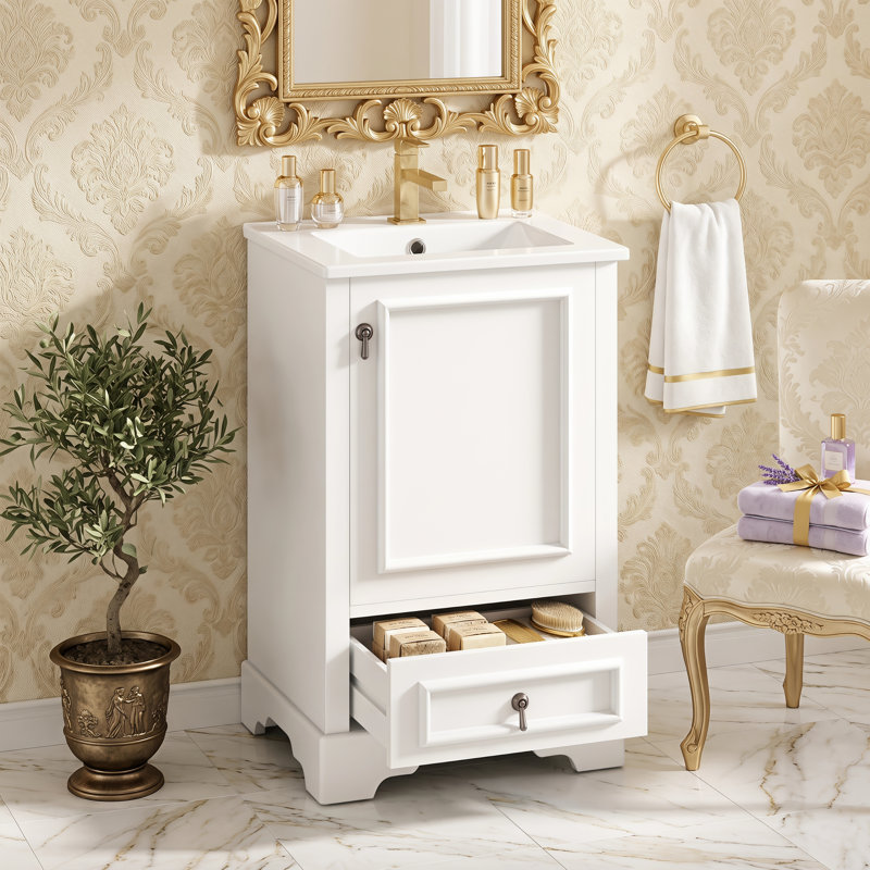 Meuble-lavabo moderne de 20 po peu encombrant avec lavabo en céramique, porte à fermeture en douceur, tablette ajustable en U et tiroir à compartiments