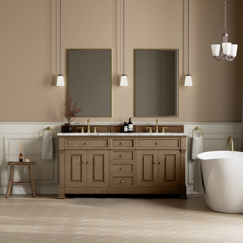 Brookfield 72'' W Double Vanity, Carrara White, Honey Oak