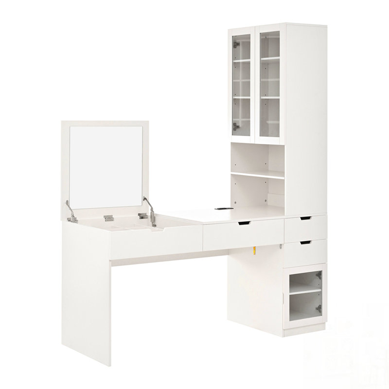 Meuble-lavabo polyvalent avec miroir et station de charge, coiffeuse avec 8 compartiments cachés, 3 tiroirs, 2 armoires et tablettes ouvertes pour le bureau à domicile