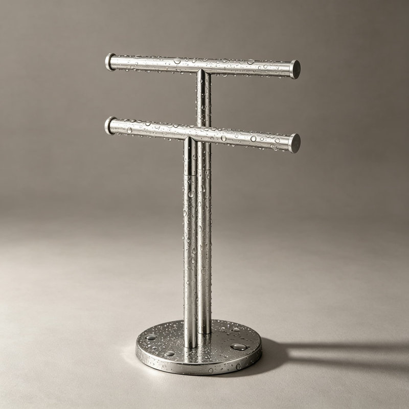 Porte-serviettes double sur pied, en acier inoxydable, pour salle de bain ou comptoir de cuisine, base anti-basculement robuste, finition nickel brossé, installation sans perçage.