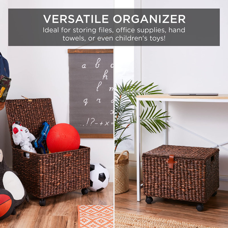 Brown Woven Water Hyacinth Mobile Filing Cabinet with Locking Wheels