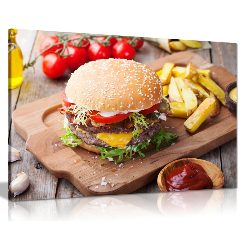 Hamburer Burger Chips On Wood Table - Wrapped Canvas Print, 41cm H x 61cm W
