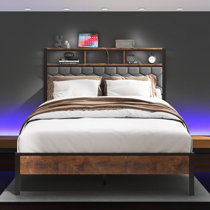 Lit plateforme tapissier avec ports de charge, boîte de rangement et tête de lit à tablette rétro, Lit double