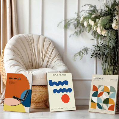 3PCS Wall Arts Posters Framed, Set of 3 Bauhaus Style Canvas Wall Art Mid Century Modern Abstract Geometric Prints Minimalist Decor for Living Room Bedroom Office Home Decoration Vintage Inspired Contemporary Artwork