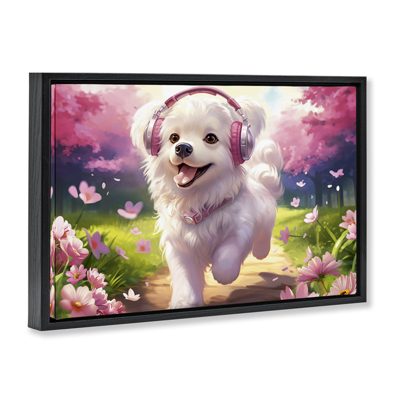 Cadre flottant «Happy Puppy On A Walk», conception par Image World, Cadre flottant noir de jais, H 17 po x l 25 po