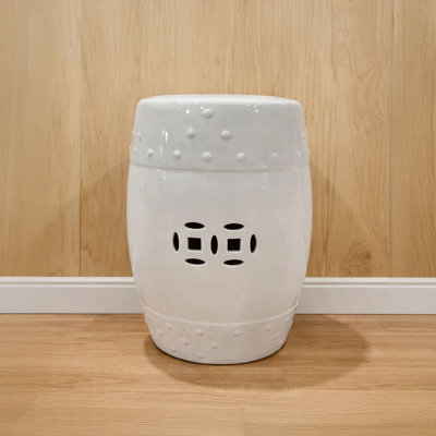 Garden Accent Stool, 17 Inch Round Drum Shape, White Ceramic, Cut Out Details
