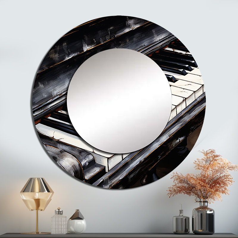 Noir et blanc touches de piano à la sérénité IV - grand miroir de piano, décor de miroir mural rond gris unique, art imprimé en métal