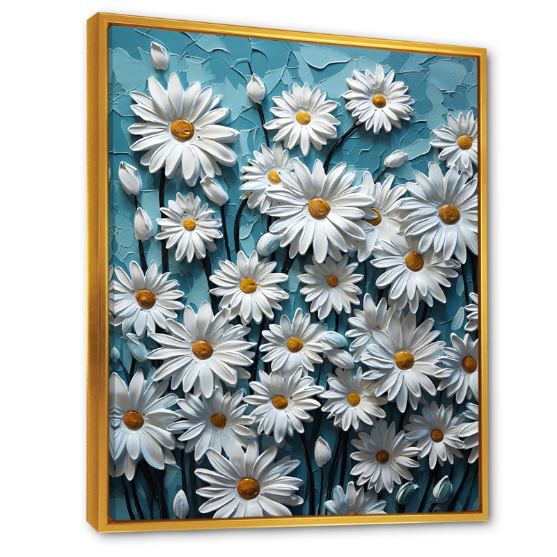 «White Daisy Meadow Elegance III», reproduction sur toile, Cadre flottant doré, H 40 po x l 30 po x P 1,5 po