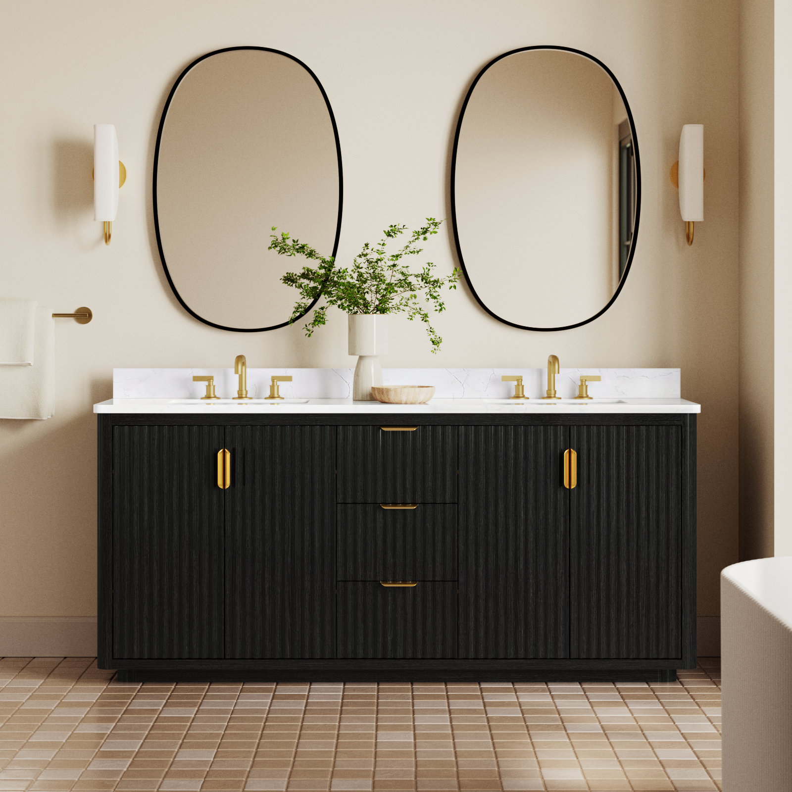 Adela 72'' Double Bathroom Vanity, Black, White, Gold