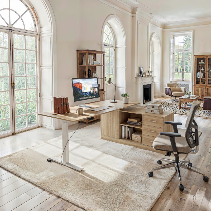 Adjustable L-shaped Metal Base Standing Desk, Natural Wood/White