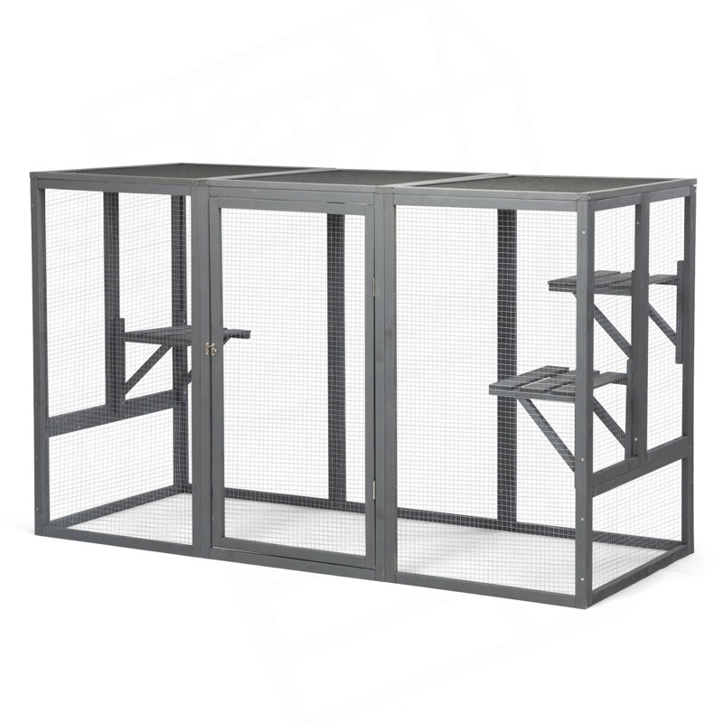 Cage à chat spacieuse en bois avec toit imperméable et pédales réglables - gris noir